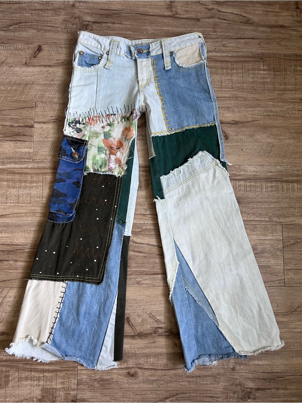 Patchwork Light Blue Jeans  Mixed Fabric Panels festival party coachella size M